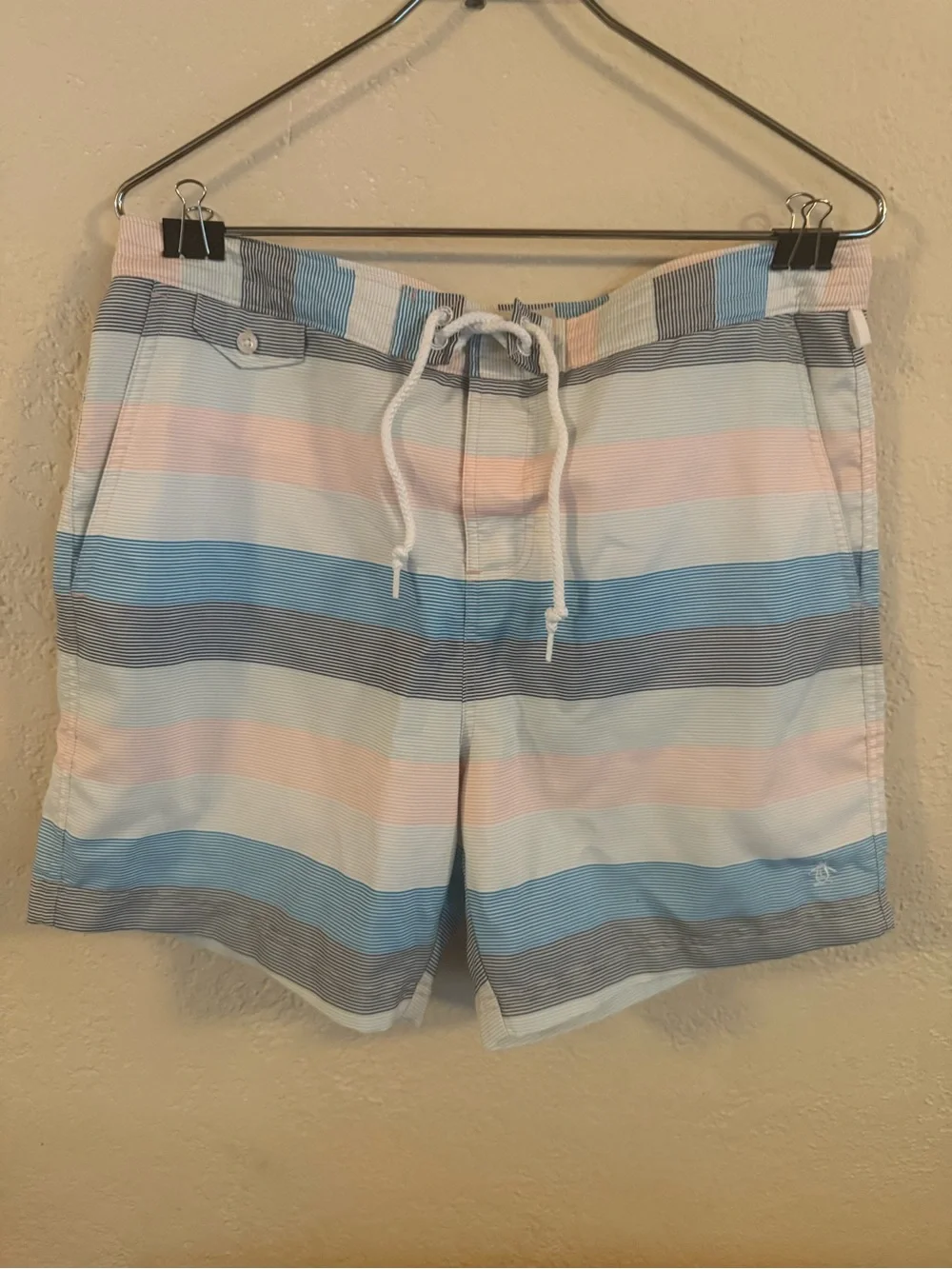 Men's Penguin Pastel Striped Swim Trunks - Blue, Pink, Gray